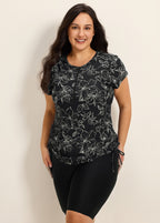 Black Floral Upf50+ Short Sleeves Zipper Drawstring Curvy Swimsuit Rash Guards Tankini Top