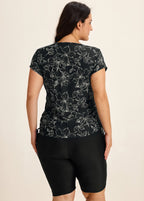 Black Floral Upf50+ Short Sleeves Zipper Drawstring Curvy Swimsuit Rash Guards Tankini Top
