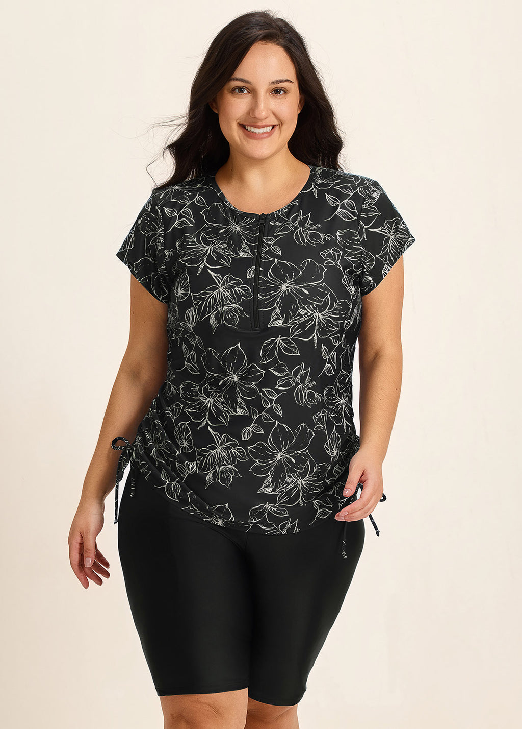 Black Floral Upf50+ Short Sleeves Zipper Drawstring Curvy Swimsuit Rash Guards Tankini Top
