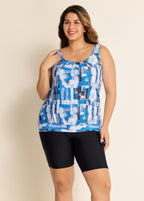 Blue Tie-Dye Irregular Pattern Blouson Tankini Top with Side Tie