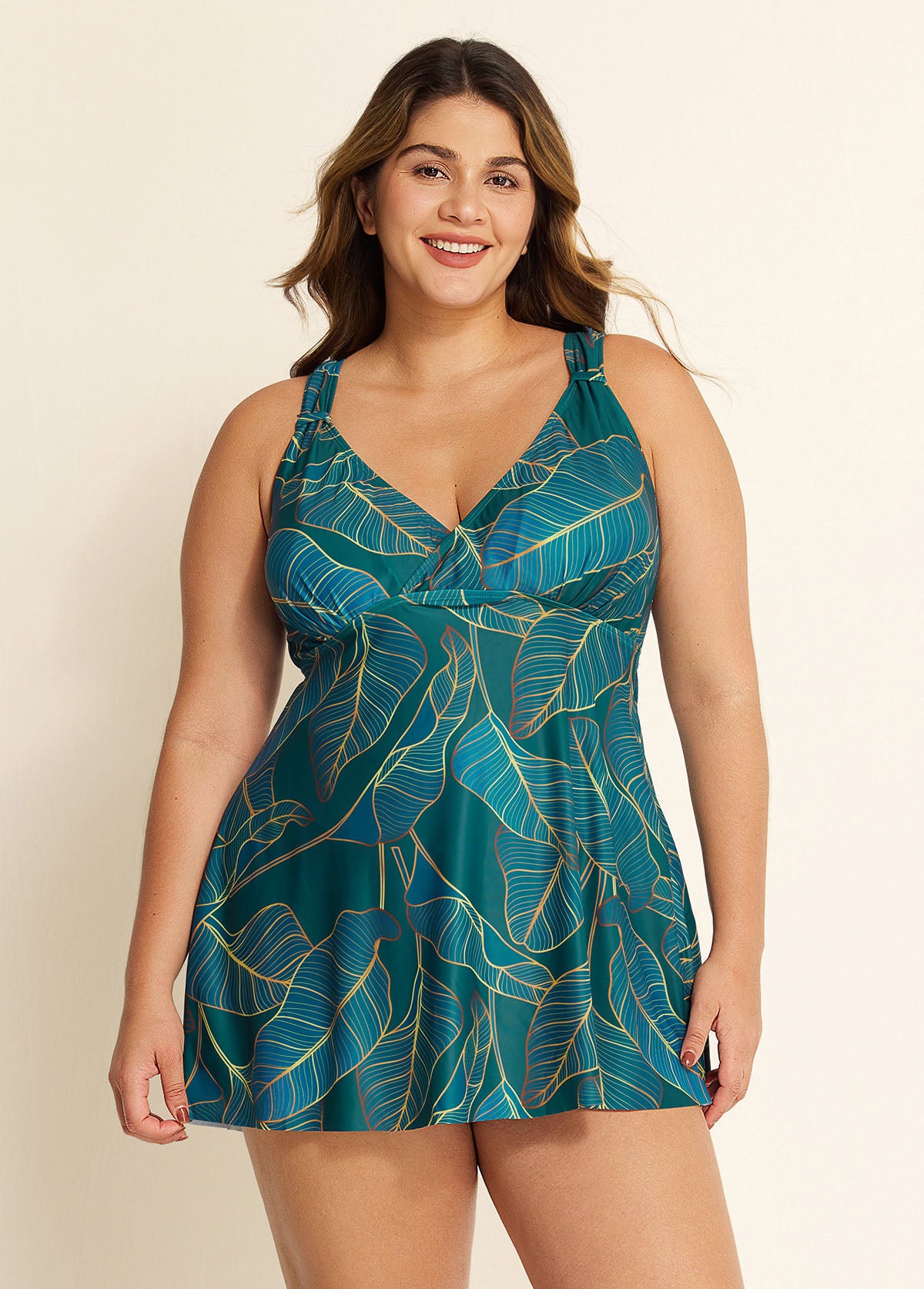 Plus Size Mystic Green Plants Print Wide Straps Stylish Tankini Set