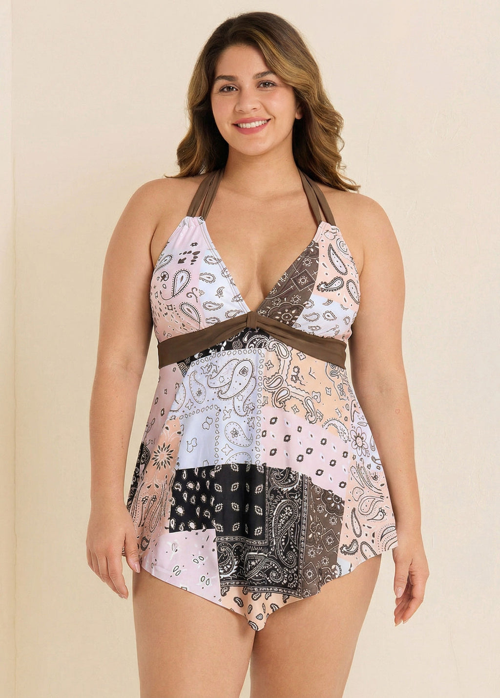 Paisley Print Halter V Neck Flowy Women Tankini Top