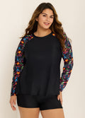 Black Leaf Print Long Sleeve Plus Size Swimsuit Swimwear Tankini Top