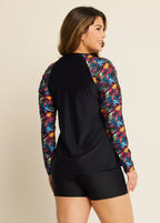 Black Leaf Print Long Sleeve Plus Size Swimsuit Swimwear Tankini Top