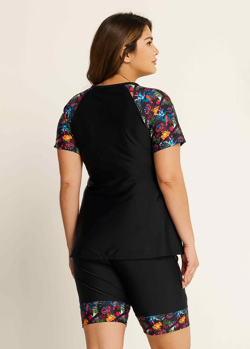 Black Plants Pullover Short Sleeve Modest Plus Size Fashion Casual Tankini Set