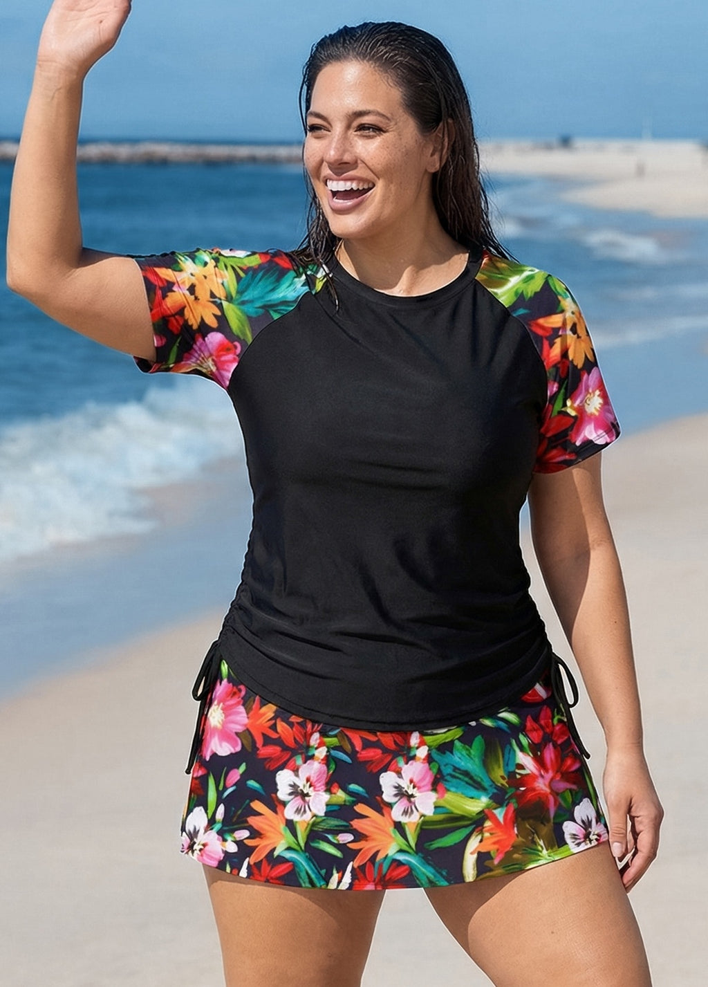 Curvy Red Floral Upf50+ Short Sleeves Modest Side Drawstring Women's Swimsuit Tankini Top