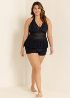 Black V Neck Cut Out Backless Lace Up Tankini Top
