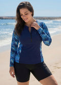 Plus Size Blue Leaf Scoop Neck Upf50+ Long Sleeves Vintage Zipper Women's Swimsuit Tankini Top