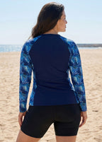 Plus Size Blue Leaf Scoop Neck Upf50+ Long Sleeves Vintage Zipper Women's Swimsuit Tankini Top