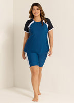 Navy And Black Colorblock Raglan Sleeves Short Sleeves Swimsuit Tankini Set