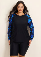 Blue Floral High Neck Upf50+ Long Sleeves Side Drawstring Plus Swimsuit Shirt Tankini Top