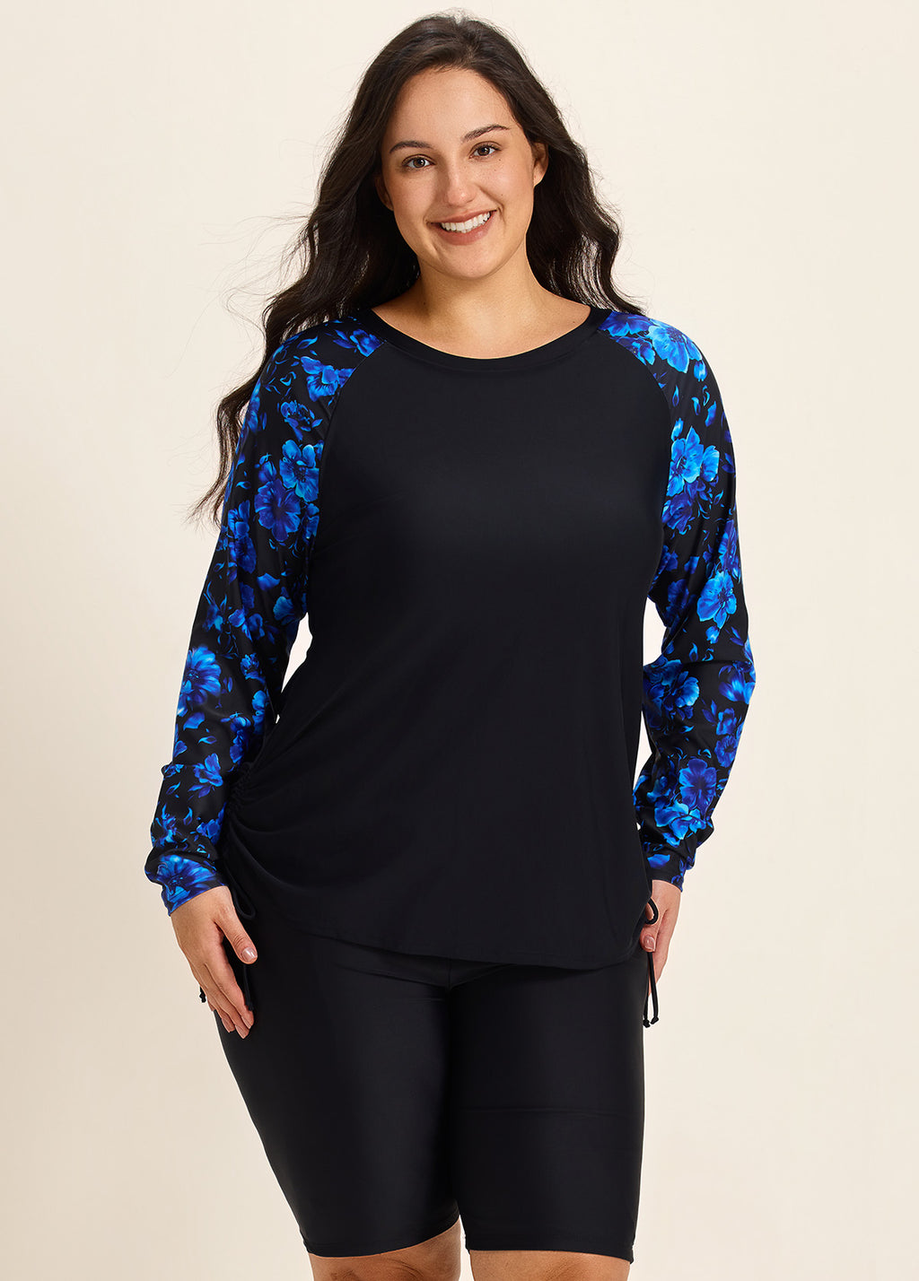 Blue Floral High Neck Upf50+ Long Sleeves Side Drawstring Plus Swimsuit Shirt Tankini Top