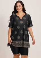 Curvy Black Floral V Neck Loose Short Sleeves Swimsuit Tankini Top