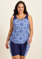 Blue Floral Print Scoop Neck Modest Built In Bra Drawstring Plus Size Women's Swimsuit Tankini Set