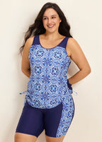 Blue Floral Print Scoop Neck Modest Built In Bra Drawstring Plus Size Women's Swimsuit Tankini Set