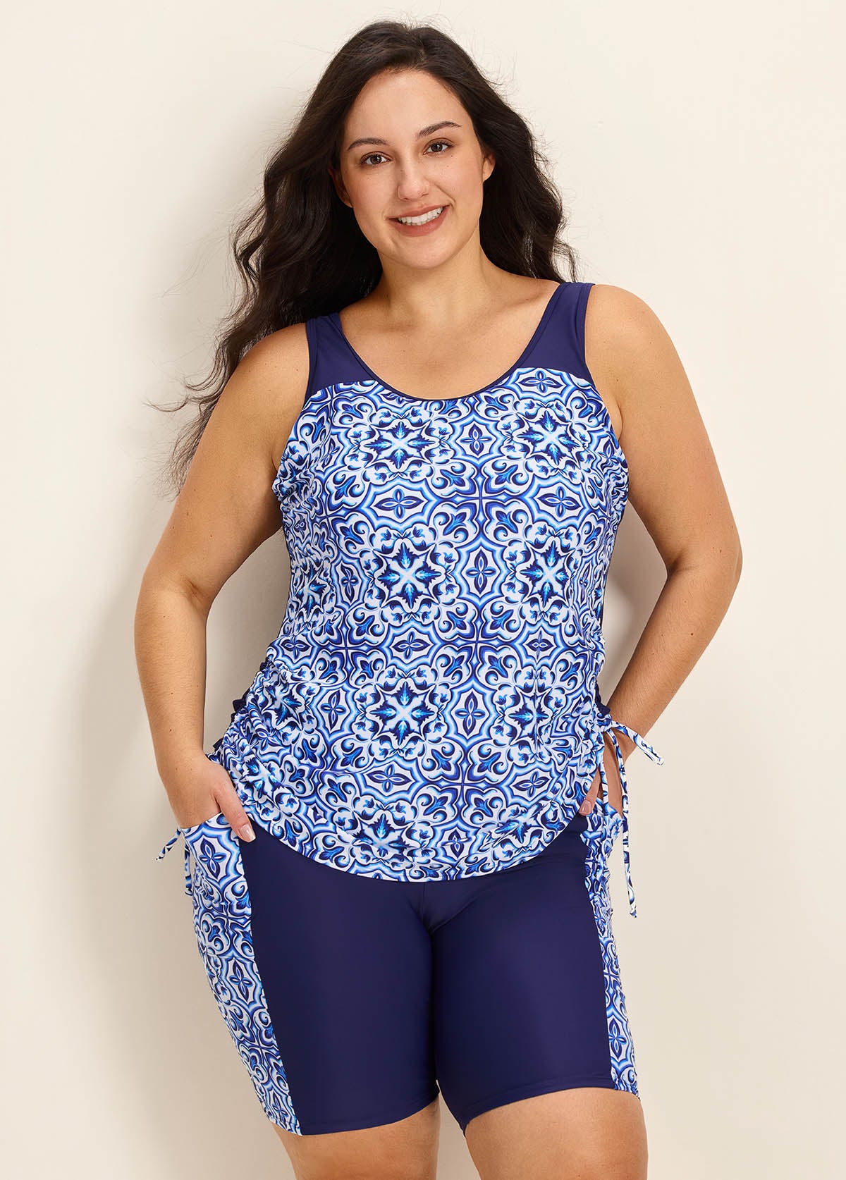 Blue Floral Print Scoop Neck Modest Built In Bra Drawstring Plus Size Women's Swimsuit Tankini Set