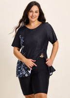Curvy Black Floral Upf50+ Short Sleeves Vintage Side Drawstring Swimsuit Shirt Tankini Top