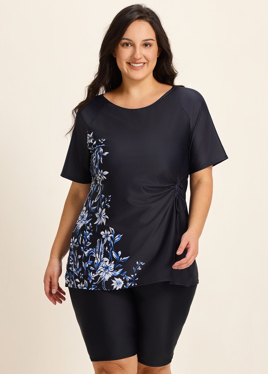Curvy Black Floral Upf50+ Short Sleeves Vintage Side Drawstring Swimsuit Shirt Tankini Top