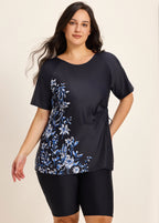 Curvy Black Floral Upf50+ Short Sleeves Vintage Side Drawstring Swimsuit Shirt Tankini Top
